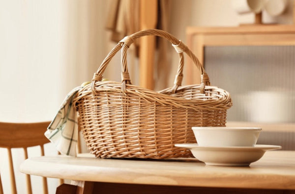 Large Kitchen Storage Baskets, Picnic Storage Basket with Handle, Hand-woven Wicker Storage Basket, Willow Weaving Baskets for Vegetable, Natural Fruit Basket-artworkcanvas