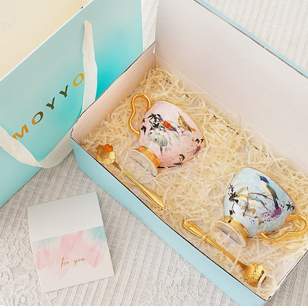 Unique Bird Flower Tea Cup and Saucer in Gift Box as Birthday Gift, Elegant Ceramic Coffee Cups, Afternoon British Tea Cups, Royal Porcelain Tea Cup Set-artworkcanvas