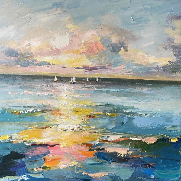 Sail Boat at Sea, Contemporary Modern Artwork, Abstract Landscape Wall Art for Bedroom, Large Modern Canvas Painting, Hand Painted Wall Art Painting