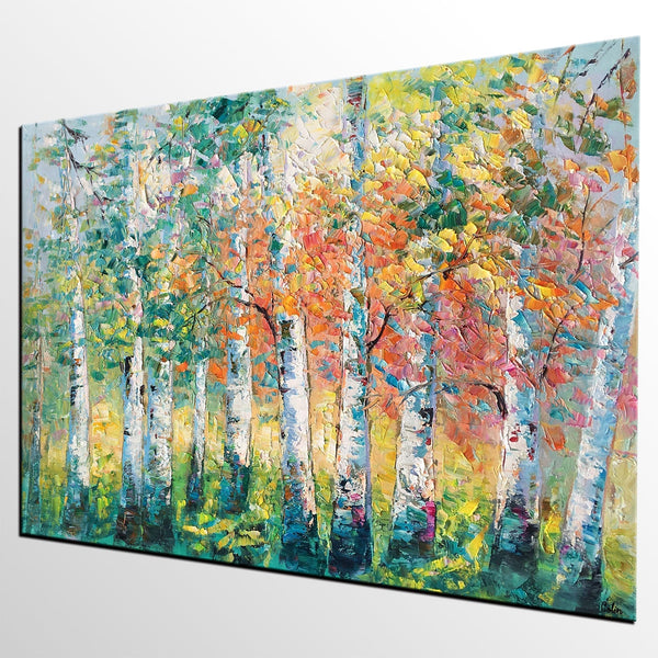 Custom Canvas Painting for Living Room, Heavy Texture Canvas Art, Autumn Tree Landscape Art