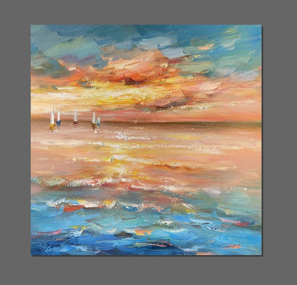 Contemporary Modern Artwork, Abstract Landscape Wall Art for Bedroom, Sail Boat at Sea, Large Modern Canvas Painting, Hand Painted Wall Art Painting-artworkcanvas