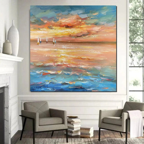 Contemporary Modern Artwork, Abstract Landscape Wall Art for Bedroom, Sail Boat at Sea, Large Modern Canvas Painting, Hand Painted Wall Art Painting-artworkcanvas