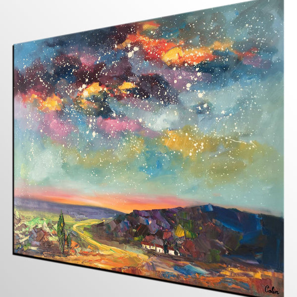 Wall Art for Bedroom Wall Art, Starry Night Sky Painting, Landscape Art, Custom Large Canvas Painting
