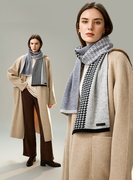 Casual Scarf for Women, Cold Weather Scarf, Fashion Designer Scarf, Modern Wool Scarf for Women, Black Grey Winter Scarf, Soft Cashmere Scarf for Women-artworkcanvas