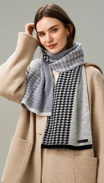 Casual Scarf for Women, Cold Weather Scarf, Fashion Designer Scarf, Modern Wool Scarf for Women, Black Grey Winter Scarf, Soft Cashmere Scarf for Women-artworkcanvas