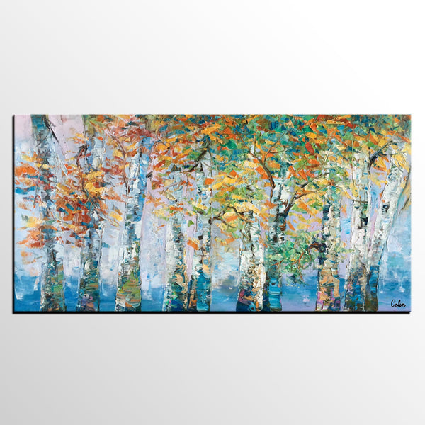 Birch Tree Paintings, Landscape Wall Art Paintings, Custom Canvas Painting for Bedroom, Original Canvas Painting
