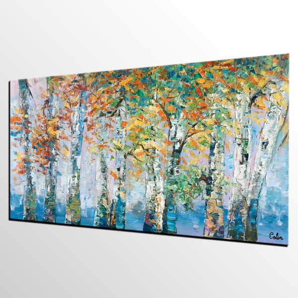 Birch Tree Paintings, Landscape Wall Art Paintings, Custom Canvas Painting for Bedroom, Original Canvas Painting-artworkcanvas