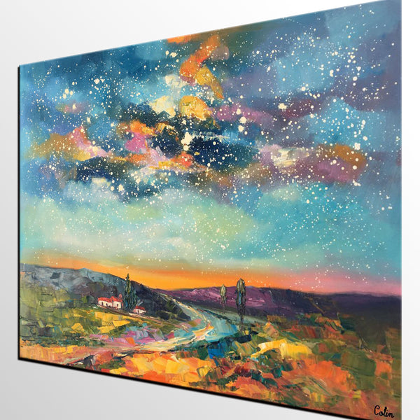 Canvas Wall Art, Abstract Landscape Art, Starry Night Sky, Bedroom Wall Art, Custom Abstract Art Painting, Oil Painting