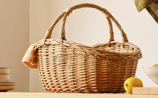 Large Kitchen Storage Baskets, Picnic Storage Basket with Handle, Hand-woven Wicker Storage Basket, Willow Weaving Baskets for Vegetable, Natural Fruit Basket-artworkcanvas