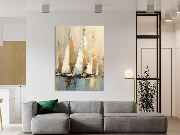 Sail Boat Abstract Painting, Landscape Canvas Paintings for Dining Room, Acrylic Painting on Canvas, Original Landscape Abstract Painting-artworkcanvas