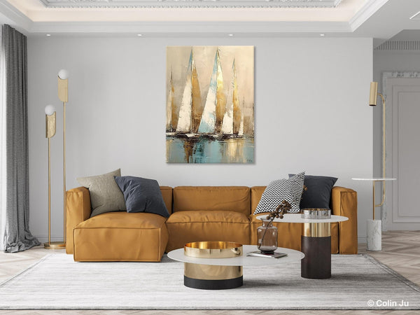 Sail Boat Abstract Painting, Landscape Canvas Paintings for Dining Room, Acrylic Painting on Canvas, Original Landscape Abstract Painting-artworkcanvas