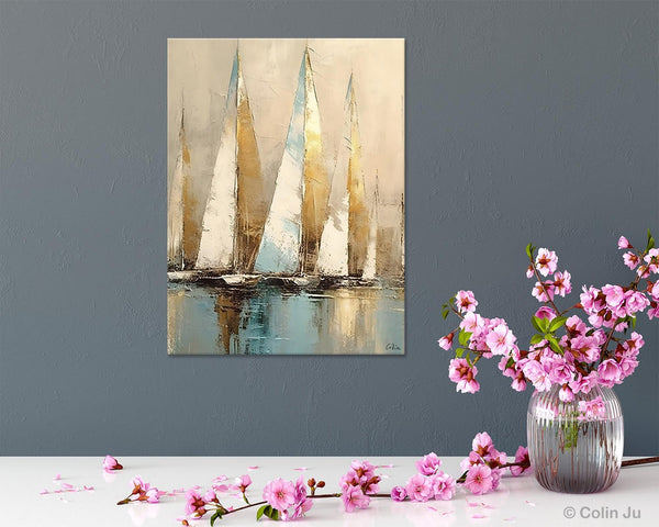 Sail Boat Abstract Painting, Landscape Canvas Paintings for Dining Room, Acrylic Painting on Canvas, Original Landscape Abstract Painting-artworkcanvas