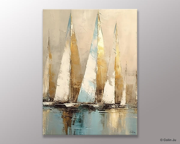Sail Boat Abstract Painting, Landscape Canvas Paintings for Dining Room, Acrylic Painting on Canvas, Original Landscape Abstract Painting-artworkcanvas