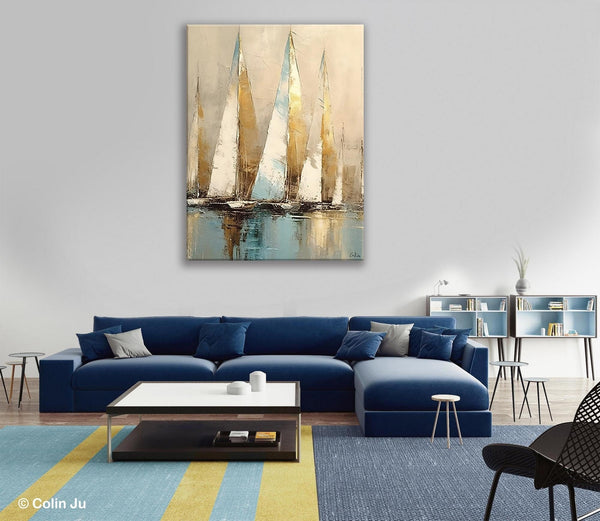 Sail Boat Abstract Painting, Landscape Canvas Paintings for Dining Room, Acrylic Painting on Canvas, Original Landscape Abstract Painting-artworkcanvas