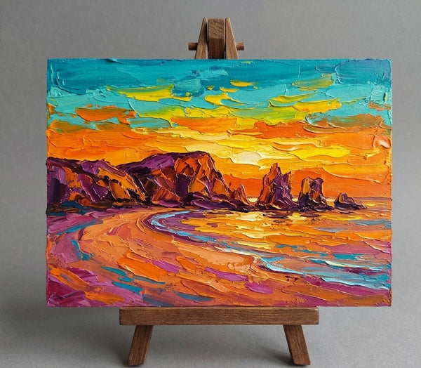 Original Landscape Paintings, Sunset Over Coastal Cliffs, Impasto Heavy Texture Art, Small Canvas Wall Art Paintings, Buy Original Artwork Online, Hand Painted Canvas Art