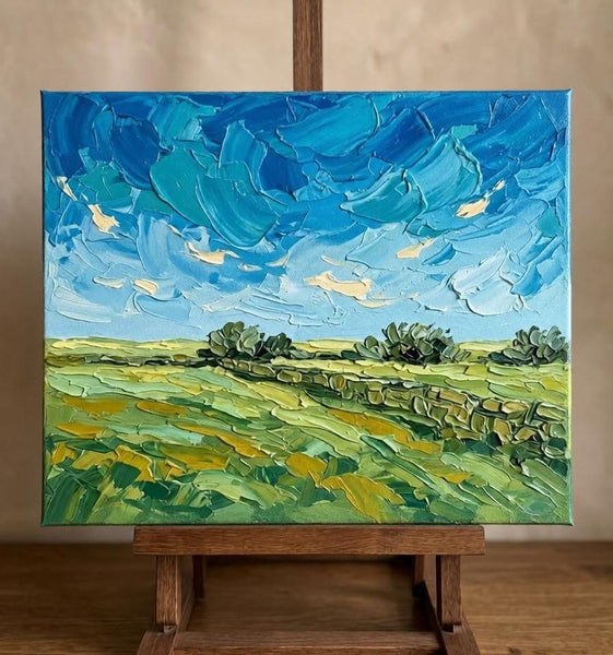 Rural Prairie Under Turbulent Clouds, Original Landscape Paintings, Original Oil Paintings, Heavy Texture Paintings, Hand Painted Canvas Art, Small Canvas Artwork
