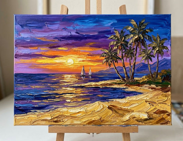 Impasto Sunset Ocean, Seashore Beach Painting, Small Canvas Artwork for Sale, Original Seascape Paintings, Original Oil Paintings, Heavy Texture Paintings