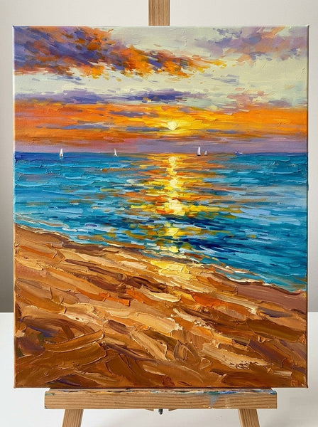 Small Canvas Wall Art Paintings, Sails Chasing Sunset Ripples, Original Seascape Paintings, Hand Painted Canvas Art, Impasto Heavy Texture Art, Original Artwork for Sale