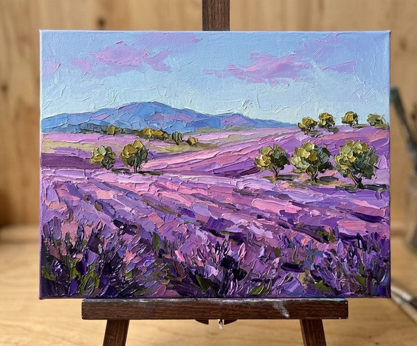 Summer Lavender Hills Under Soft Sky, Impasto Paintings, Heavy Texture Art, Original Landscape Paintings, Small Canvas Wall Art Paintings