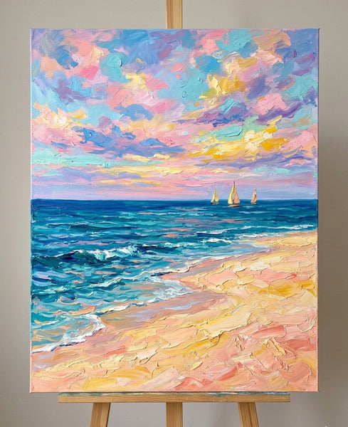 Impasto Dreamy Coastal Dusk, Sail Boat Seashore Painting, Small Canvas Artwork for Sale, Original Seascape Paintings, Original Oil Paintings, Heavy Texture Paintings