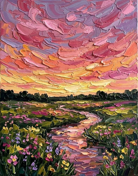 Chasing Sunset Along the Flower Path, Original Landscape Paintings, Buy Small Paintings Online, Hand Painted Canvas Art, Original Oil Paintings for Sale, Impasto Paintings