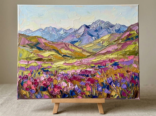 Small Landscape Art, Flowers in Colorful Valley, Small Canvas Artwork for Sale, Original Canvas Paintings, Heavy Texture Paintings on Canvas