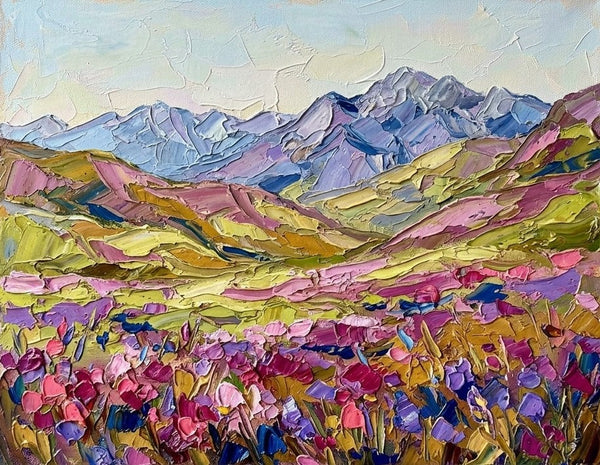 Small Landscape Art, Flowers in Colorful Valley, Small Canvas Artwork for Sale, Original Canvas Paintings, Heavy Texture Paintings on Canvas