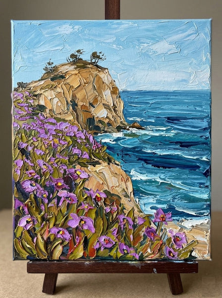 Impasto Painting, Purple Blooms on the Cliff Edge, Original Seashore Paintings, Heavy Texture Paintings on Canvas, Small Canvas Artwork for Sale