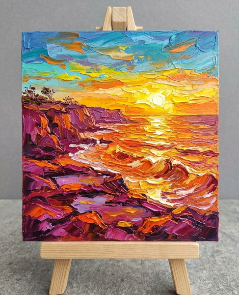 Waves Soaking the Golden Sun, Original Painting for Sale, Hand Painted Canvas Art, Heavy Texture Paintings, Original Seascape Paintings, Impasto Artwork