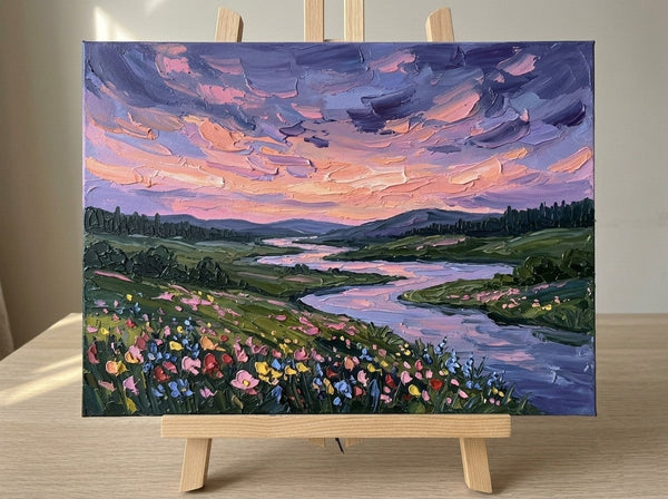 Original Small Paintings for Sale, Flower Fields by the Dusk River, Original Landscape Paintings, Buy Small Artwork Online, Hand Painted Canvas Art, Impasto Paintings