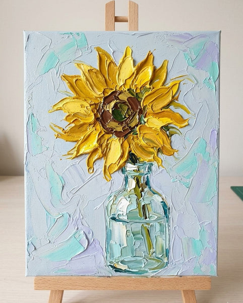Original Oil Paintings, Impasto Sunflower in Glass Vase, Hand Painted Canvas Art, Original Flower Paintings, Small Canvas Artwork, Impasto Canvas Artwork
