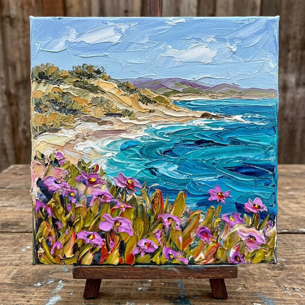 Sandy Shore Under Blue Sky, Hand Painted Canvas Art, Heavy Texture Paintings, Original Seascape Paintings, Miniature Canvas Art, Original Oil Painting for Sale