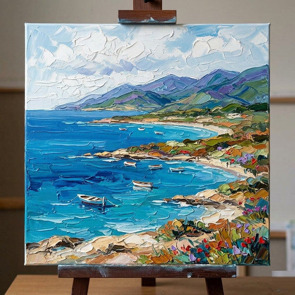 Original Oil Painting for Sale, Sunny Day on Azure Coast, Hand Painted Canvas Art, Heavy Texture Paintings, Original Seascape Paintings, Miniature Canvas Art