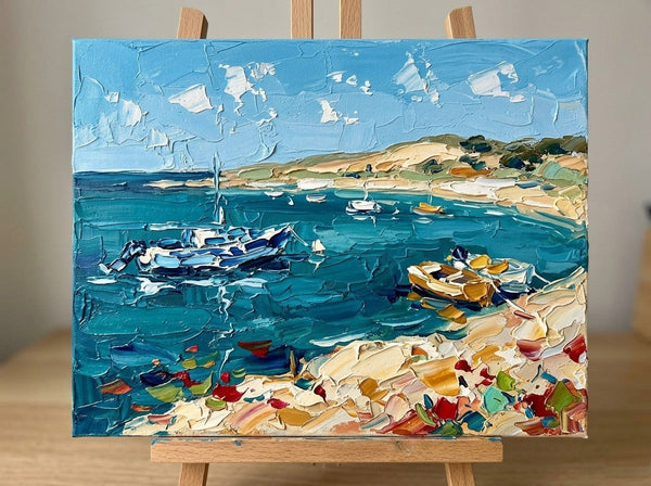 Heavy Texture Painting on Canvas, Blue Harbor Mooring Boats, Original Oil Paintings, Small Canvas Artwork for Sale, Original Seascape Paintings