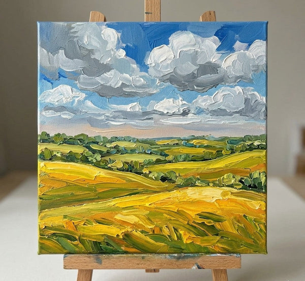 Small Canvas Wall Art Paintings, Clouds Over Golden Fields, Original Landscape Paintings, Hand Painted Canvas Art, Impasto Heavy Texture Art, Original Artwork