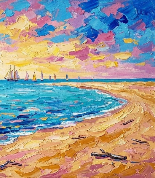 Sail Boats on the Sunny Sea, Small Canvas Artwork for Sale, Original Seascape Paintings, Heavy Texture Painting on Canvas