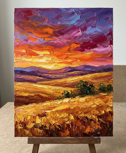 Impasto Painting, Sunset Glow Over the Vast Plains, Small Canvas Artwork for Sale, Original Canvas Paintings, Heavy Texture Paintings on Canvas