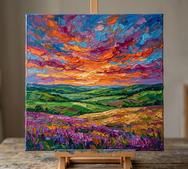 Hand Painted Canvas Art, Sunset Sky Over the Meadow, Original Oil Painting for Sale, Heavy Texture Paintings, Original Landscape Paintings, Miniature Art on Canvas