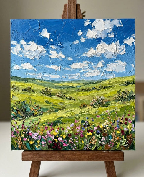 Green Prairie Beneath the Clouds, Hand Painted Canvas Art, Original Oil Painting for Sale, Heavy Texture Paintings, Original Landscape Paintings