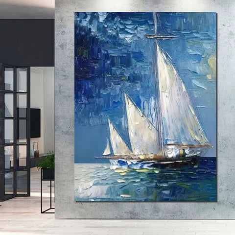 Modern Acrylic Canvas Painting, Simple Painting Ideas for Dining Room, Acrylic Painting on Canvas, Oversized Canvas Painting for Sale, Sail Boat Paintings-artworkcanvas