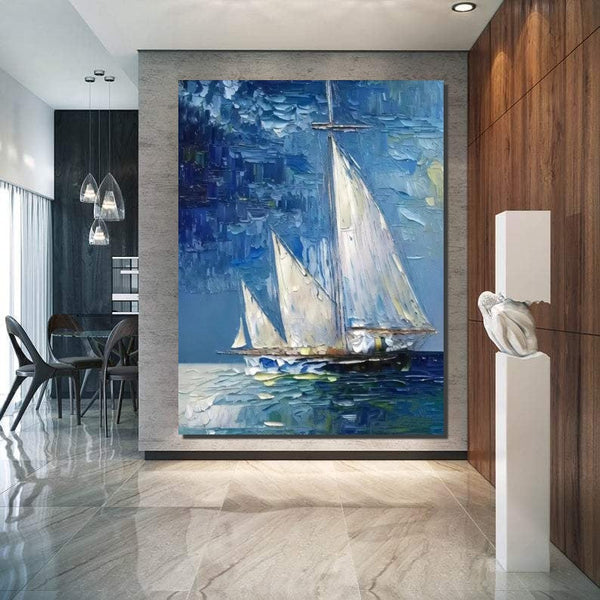 Modern Acrylic Canvas Painting, Simple Painting Ideas for Dining Room, Acrylic Painting on Canvas, Oversized Canvas Painting for Sale, Sail Boat Paintings