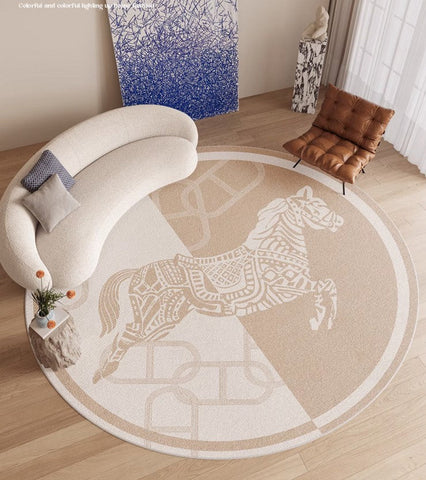 Circular Rugs for Bedroom, Modern Rugs for Dining Room, Horse Modern Rug Ideas for Living Room, Abstract Contemporary Round Rugs for Dining Room-artworkcanvas