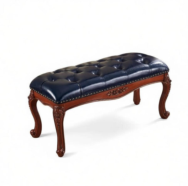 Entryway Bench, Leather Lounge Chair Modern, Farmhouse Blue Leather Stool, Genuine Leather Solid Wood Entry Bench, Vintage Dressing Table Stool, Rubber Wood Footstool-artworkcanvas