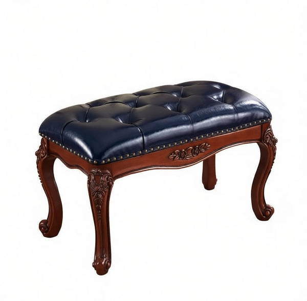 Entryway Bench, Leather Lounge Chair Modern, Farmhouse Blue Leather Stool, Genuine Leather Solid Wood Entry Bench, Vintage Dressing Table Stool, Rubber Wood Footstool-artworkcanvas