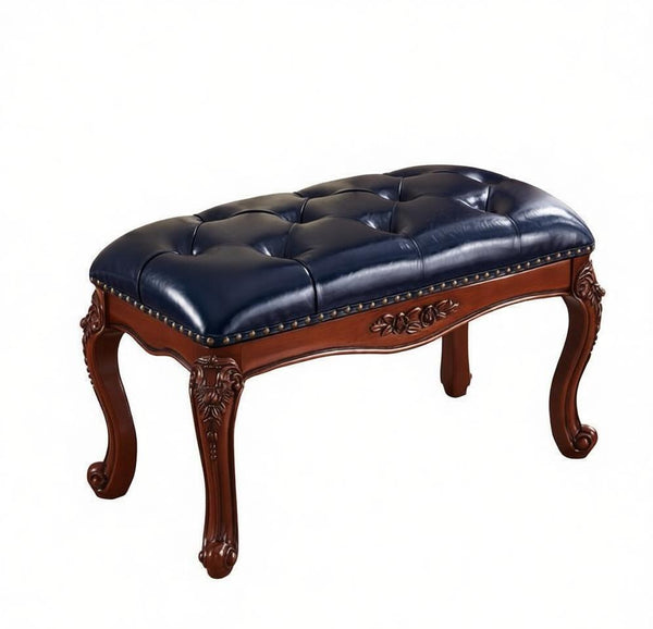 Entryway Bench, Leather Lounge Chair Modern, Farmhouse Blue Leather Stool, Genuine Leather Solid Wood Entry Bench, Vintage Dressing Table Stool, Rubber Wood Footstool-artworkcanvas