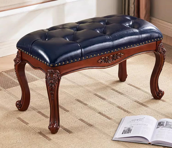 Entryway Bench, Leather Lounge Chair Modern, Farmhouse Blue Leather Stool, Genuine Leather Solid Wood Entry Bench, Vintage Dressing Table Stool, Rubber Wood Footstool-artworkcanvas