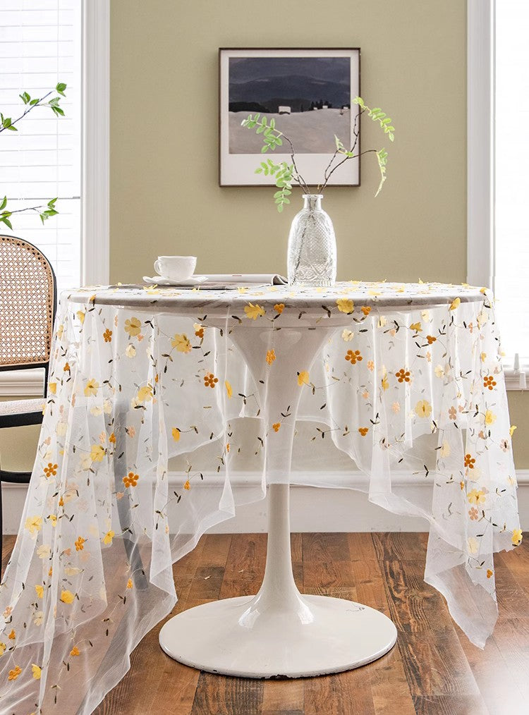 Yellow Flower Lace Tablecloths, Extra Large Rectangular Tablecloth for Oval Table, Lace Embroidered Table Covers, Rectangular Table Covers for Coffee Table-artworkcanvas