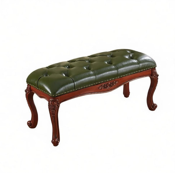 Farmhouse Entryway Bench, Leather Lounge Chair Modern, Green Leather Stool, Genuine Leather Solid Wood Entry Bench, Vintage Dressing Table Stool, Rubber Wood Footstool-artworkcanvas