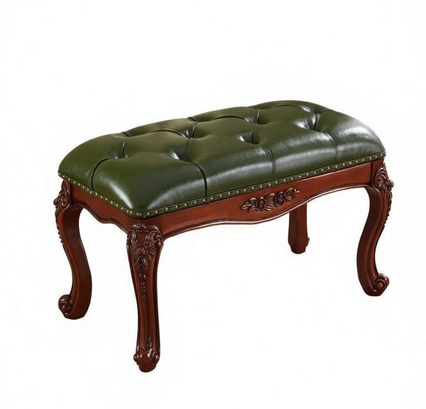 Farmhouse Entryway Bench, Leather Lounge Chair Modern, Green Leather Stool, Genuine Leather Solid Wood Entry Bench, Vintage Dressing Table Stool, Rubber Wood Footstool-artworkcanvas