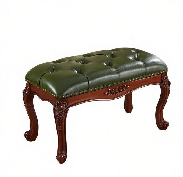 Farmhouse Entryway Bench, Leather Lounge Chair Modern, Green Leather Stool, Genuine Leather Solid Wood Entry Bench, Vintage Dressing Table Stool, Rubber Wood Footstool-artworkcanvas